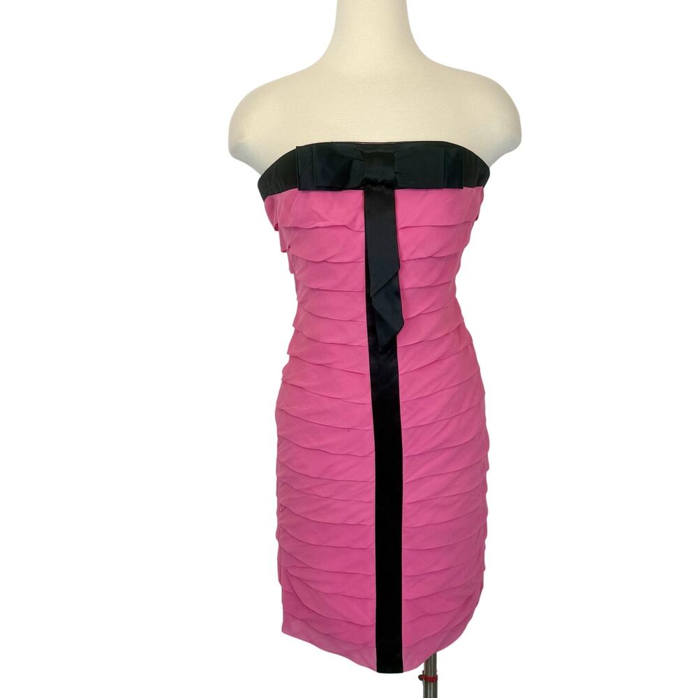 Betsey Johnson Black Label Strapless Silk Mini Dress Pink/Black 2 Bow Corset 90s